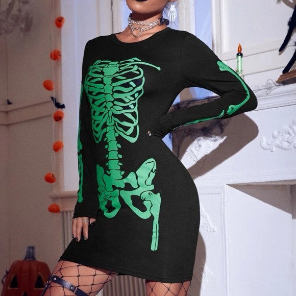 Neon green skeleton bones Bodycon stretchy dress Halloween black light resistant - Picture 2 of 14